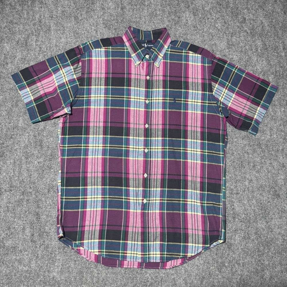 Ralph Lauren Blake Short Sleeve Plaid Button Down Shirt M Purple Madras VTG